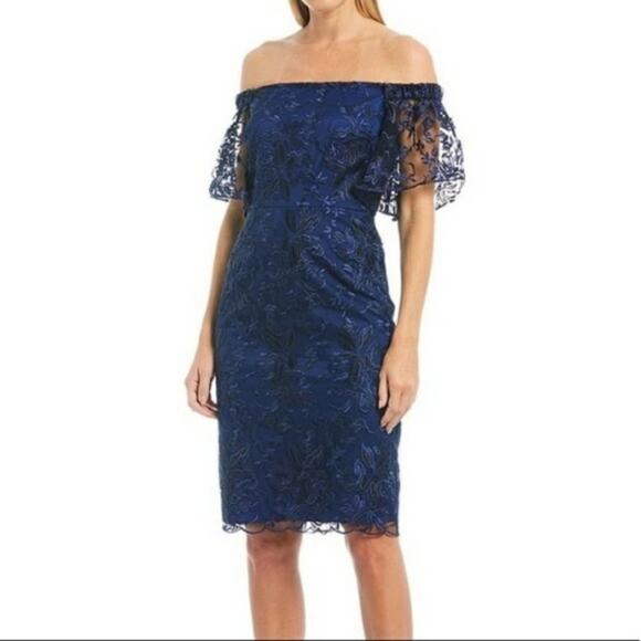 Trina Turk Blue Black Lace Off The Shoulder Sheath Dress Size 2 New - Picture 2 of 9